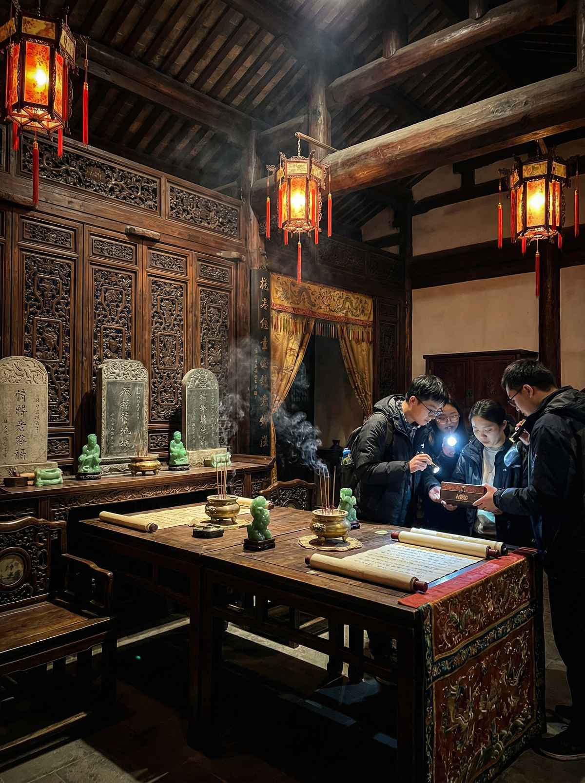 古风密室的场景，书案和卷轴，充满神秘感，壹号娱乐设计